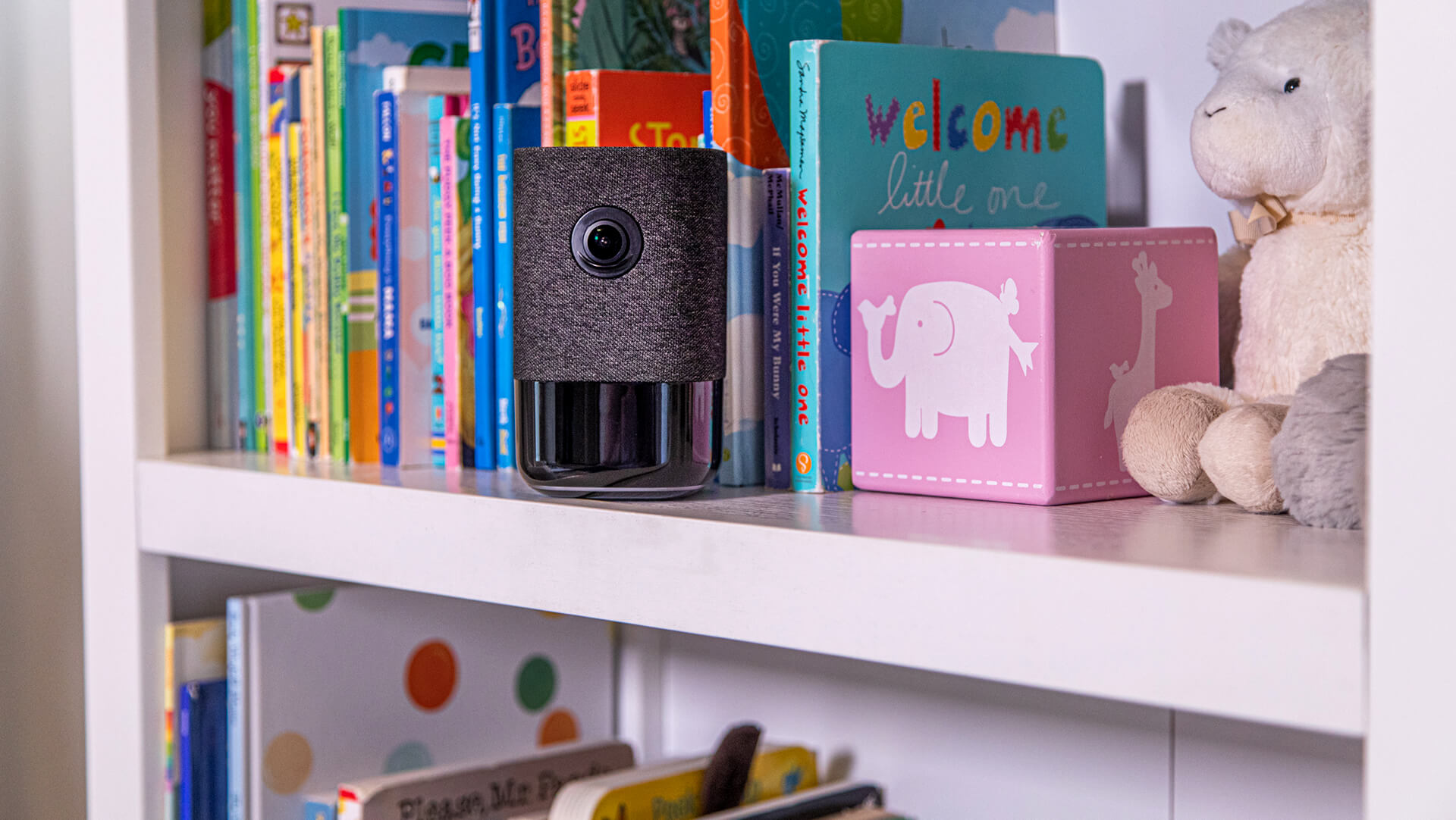 CPI 180 degree Indoor Camera on Nursery Bookshelf